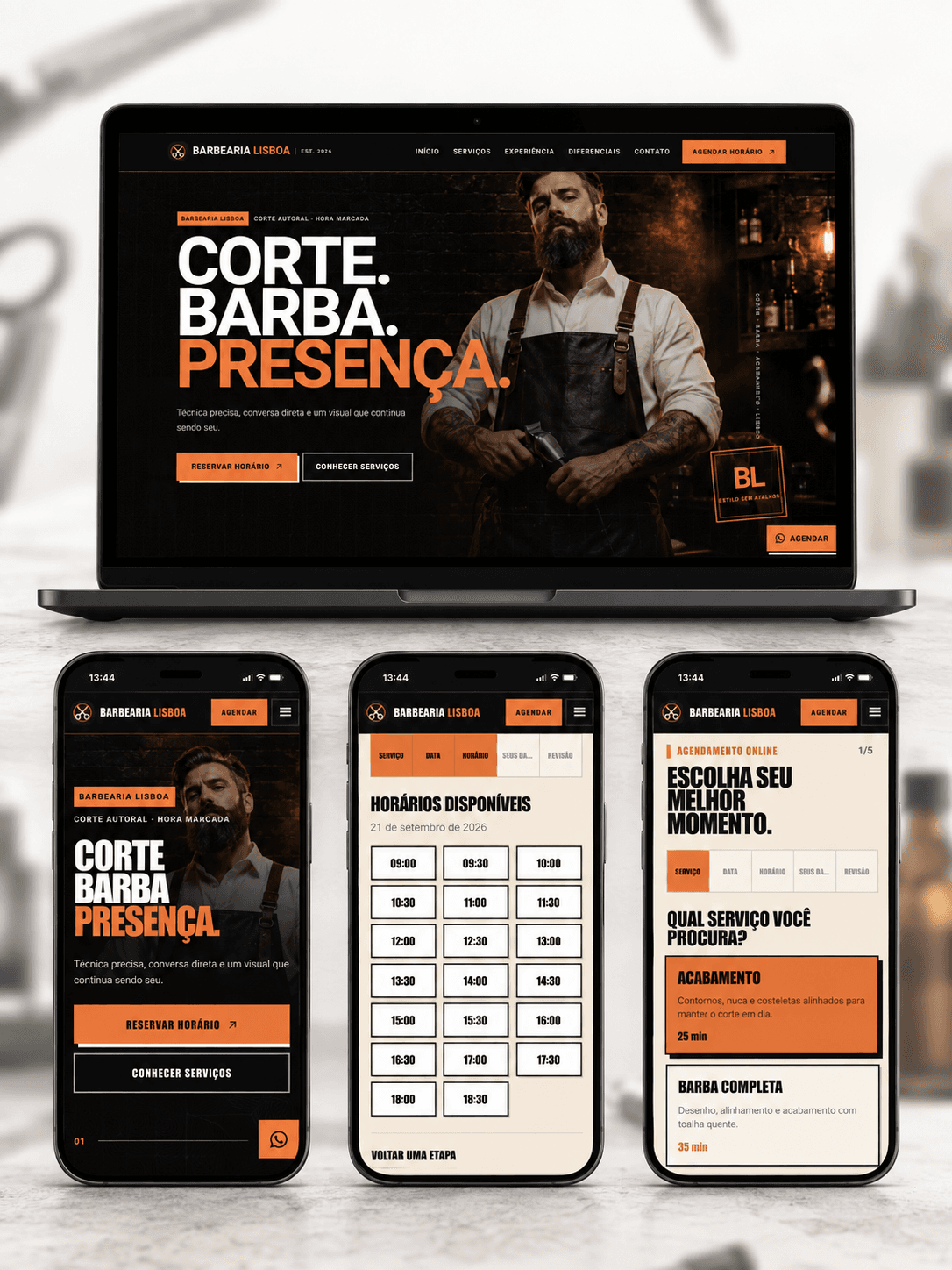 Mockup do site para barbearia exibido em desktop e mobile.