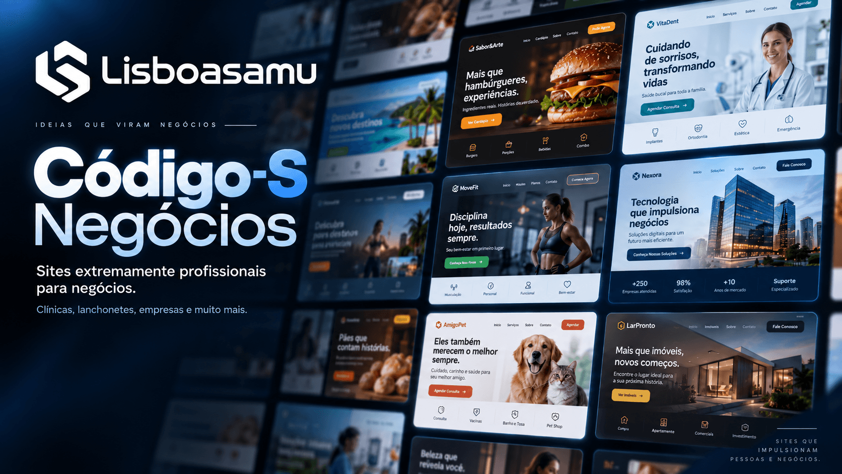 Banner da iniciativa Código-S Negócios com exemplos de sites profissionais para diferentes segmentos.