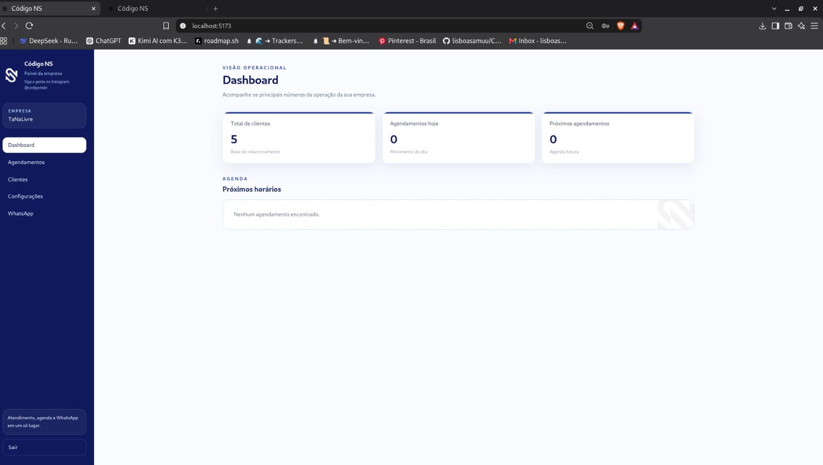 Tela de clientes do NS Chat Platform.